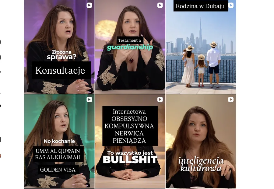 Siatka rolek na profilu Ady — filmy edukacyjne o wizach, testamentach i życiu w Dubaju